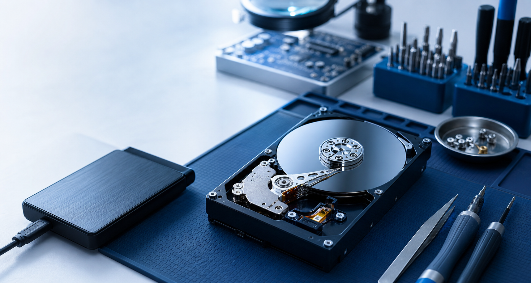 Geöffnete Festplatte auf Datenrettungs-Arbeitsplatz bei MHS Solutions