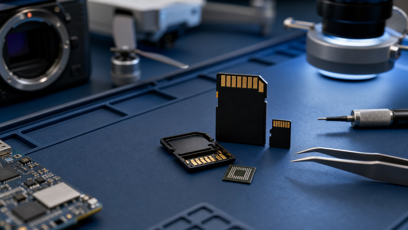 SD-Karte und microSD-Karte auf Datenrettungs-Arbeitsplatz bei MHS Solutions