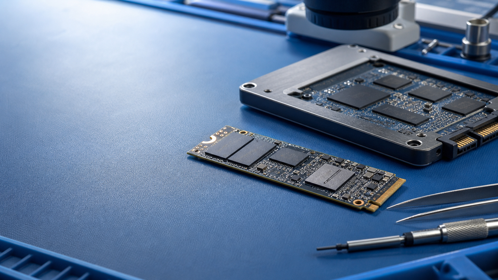 M.2-SSD und SATA-SSD auf Datenrettungs-Arbeitsplatz bei MHS Solutions