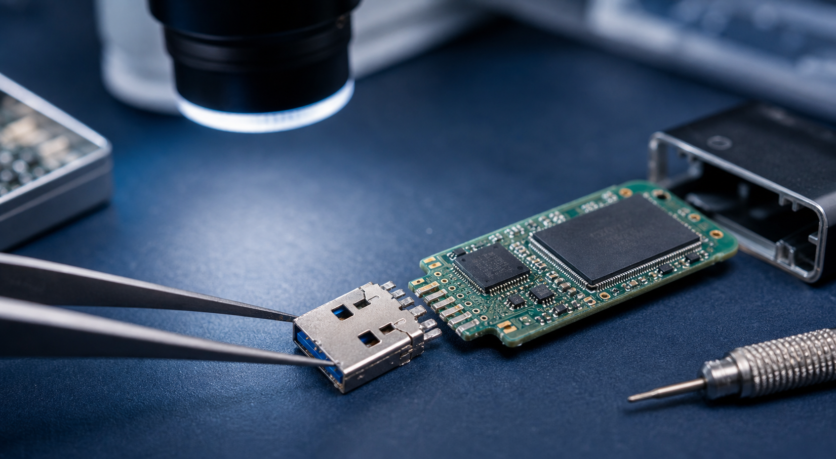 Geöffneter USB-Stick mit Platine und Anschluss auf Datenrettungs-Arbeitsplatz