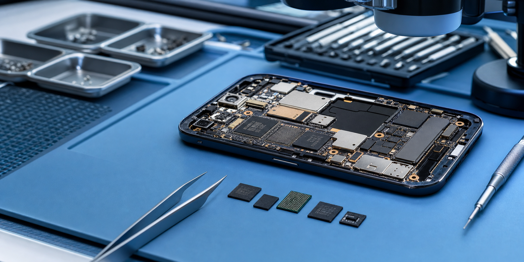 Geöffnetes Smartphone mit Platine und Speicherchips auf Datenrettungs-Arbeitsplatz