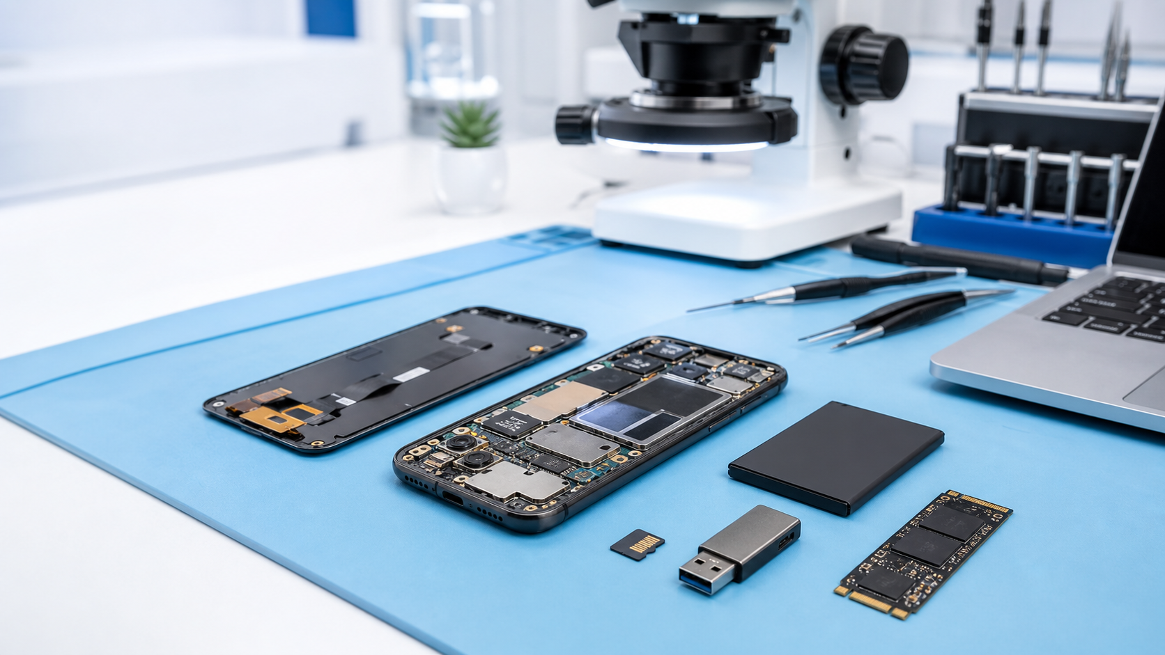 Smartphone Reparatur und Datenrettung auf einer modernen Elektronik-Werkbank bei MHS Solutions