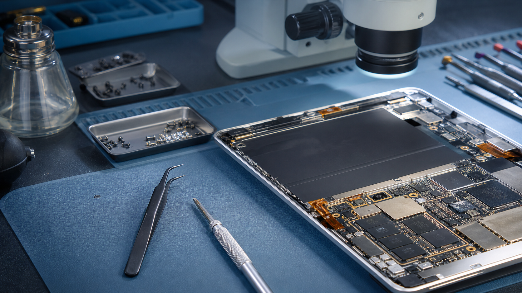 Geöffnetes Tablet mit Platine und Speicherchips auf Datenrettungs-Arbeitsplatz
